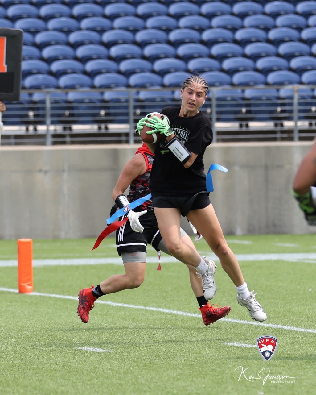 Sideline catch in stride near the pylon